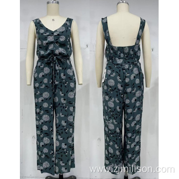 Floral Pattern V Neck Backless Women's Jumpsuits